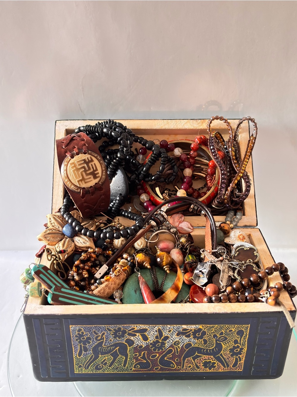 Boho Mixed Wood, stones and Bead Jewelry Collection in a very unique wooden box